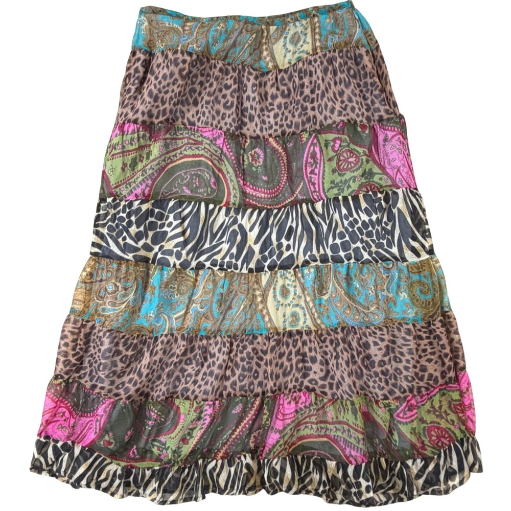 Y2K Fairy Peasant Skirt VTG Womens LG Petite Tiered Zebra Leopard Paisley Gypsy